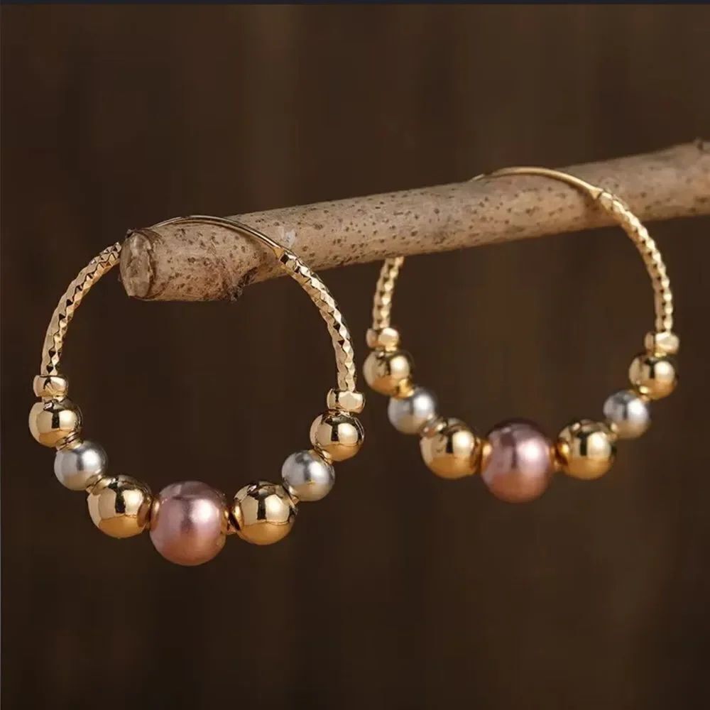 Gold and Pink Beaded Hoop N831
